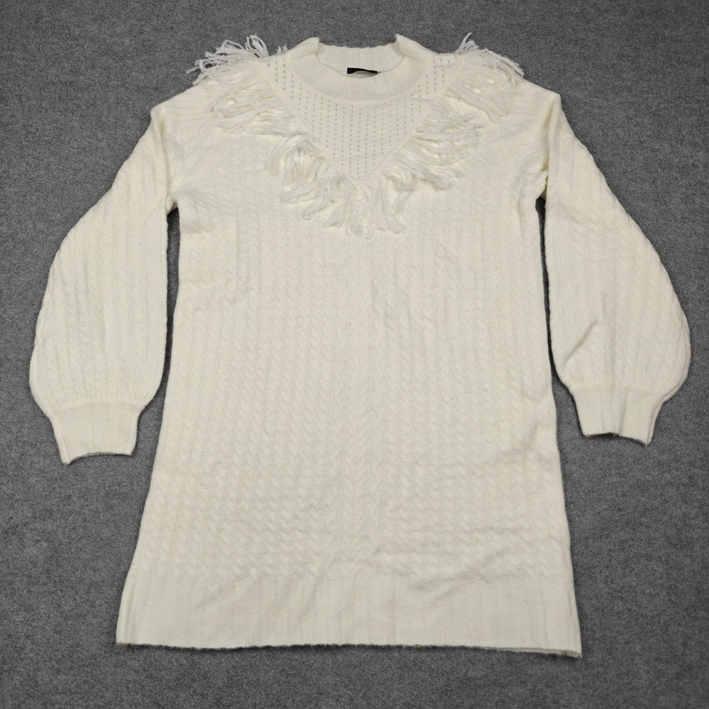 VICI Sweater Dress Womens XL White Knit Mock Neck Fringe Balloon Sleeve